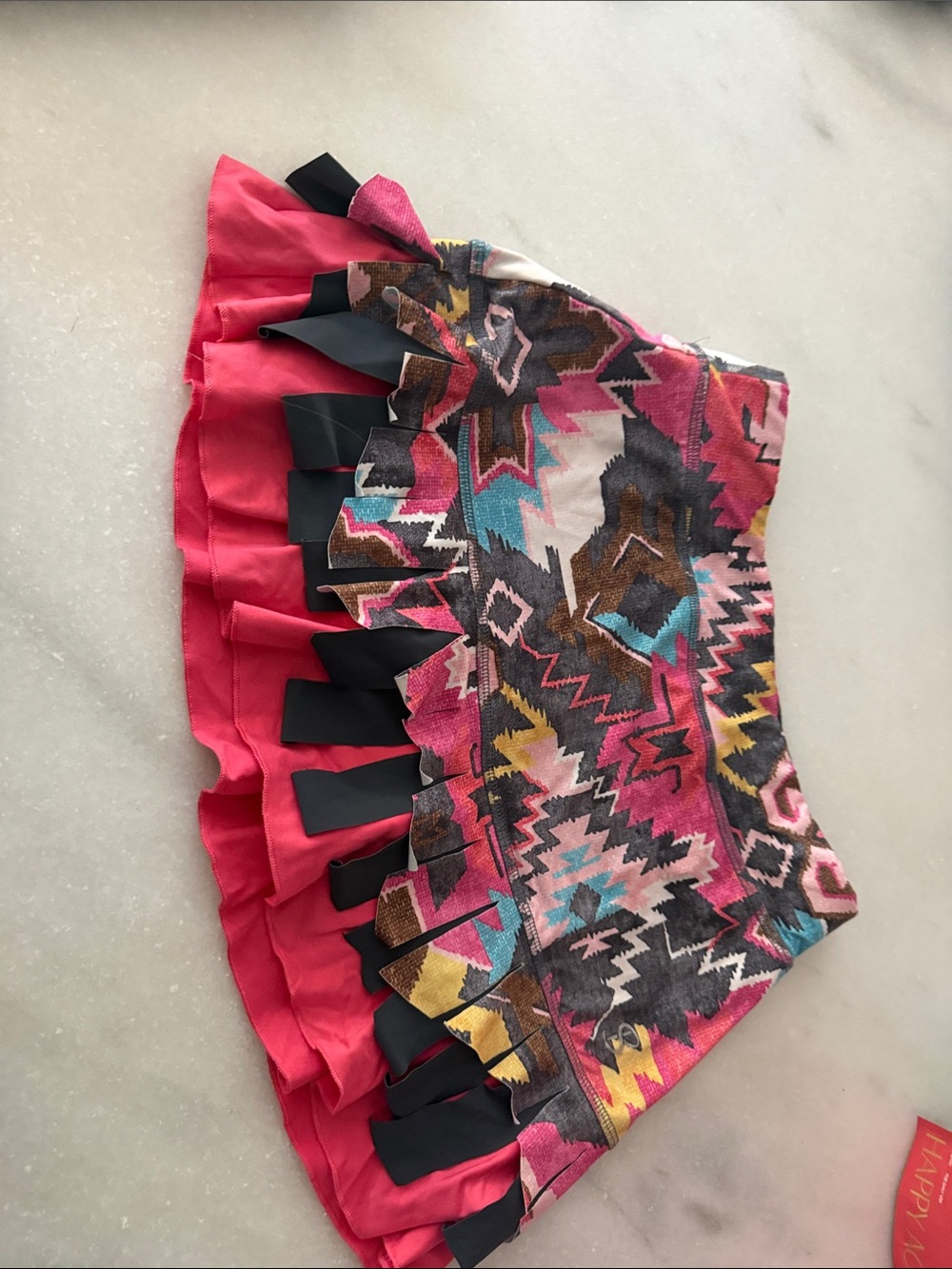 Aztec-Print Mini Skirt with Pink Fringe